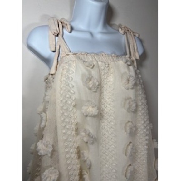 & Merci Dress Small Cream Pom Pom Swiss Dot Tie Shoulder Mini Bride Boho Cottage - Picture 3 of 7